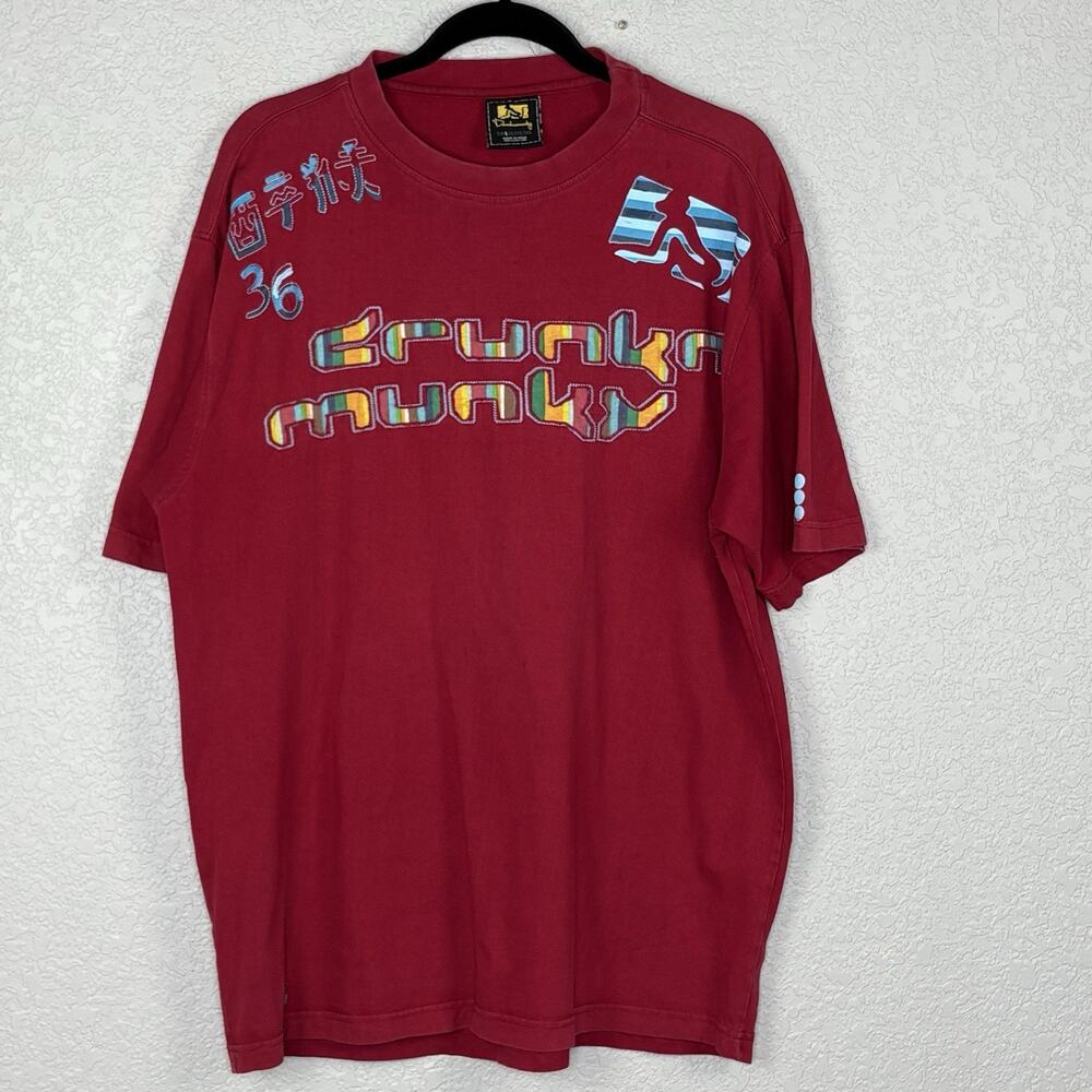 Vtg 90s Drunknmunky T-Shirt Embroidered Graphic Streetwear Skater Red Sz L